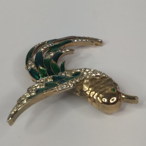 Bird Parrot Pin Brooch Green White Costume Jewelry Vintage Gold Tone Rhinestone - Picture 4 of 14